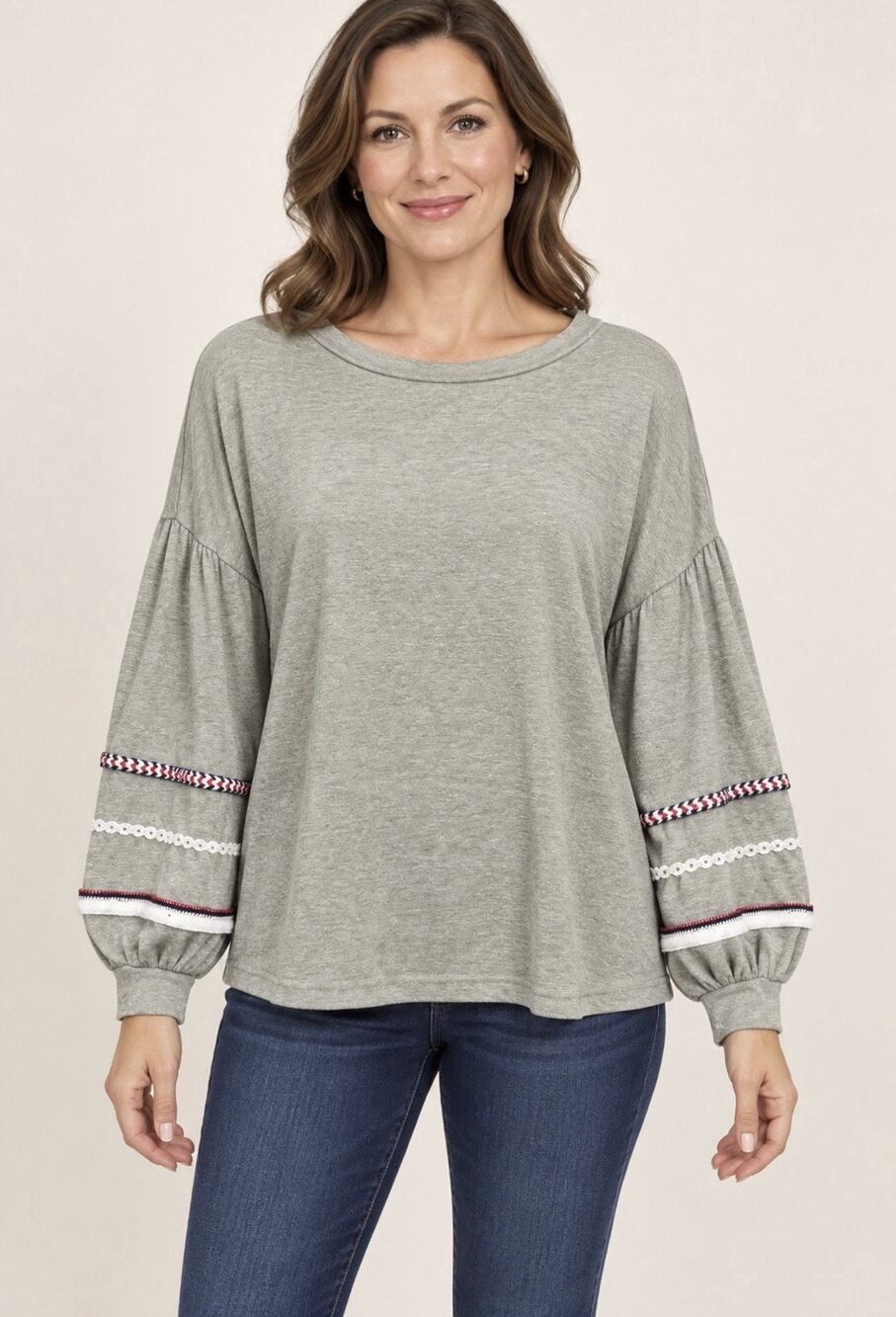 Ces Femme Womens Sage Green Boho Top Balloon Sleeve Lace Fringe Trim Knit